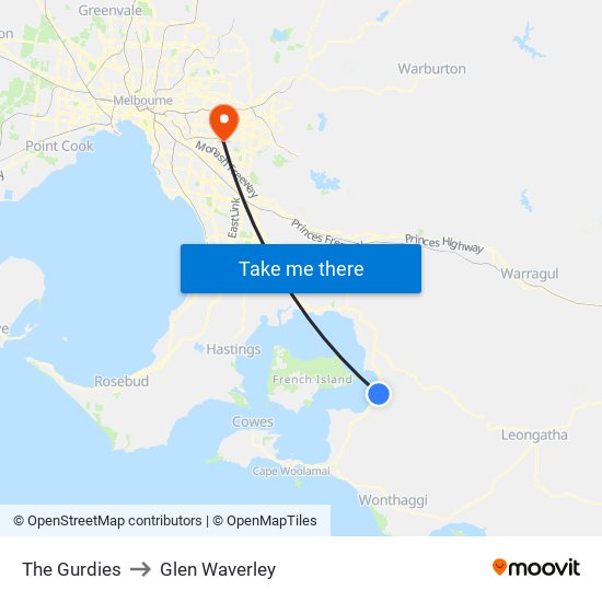 The Gurdies to Glen Waverley map