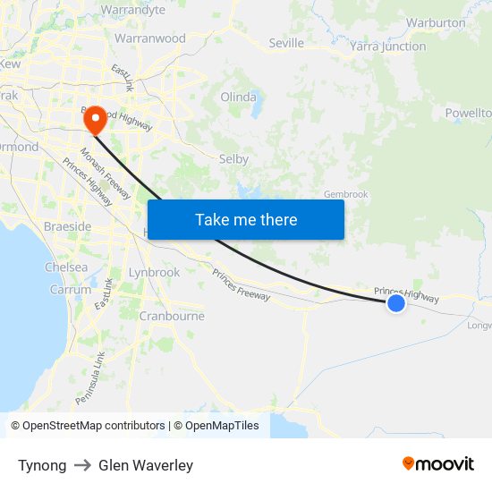 Tynong to Glen Waverley map