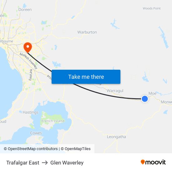 Trafalgar East to Glen Waverley map