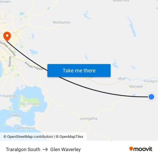 Traralgon South to Glen Waverley map
