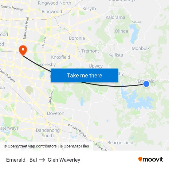 Emerald - Bal to Glen Waverley map