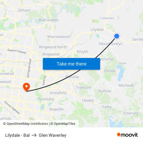 Lilydale - Bal to Glen Waverley map