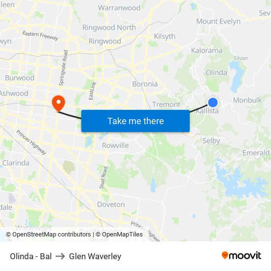 Olinda - Bal to Glen Waverley map