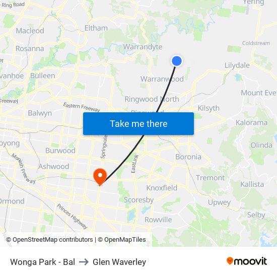 Wonga Park - Bal to Glen Waverley map