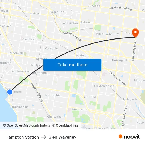 Hampton Station to Glen Waverley map