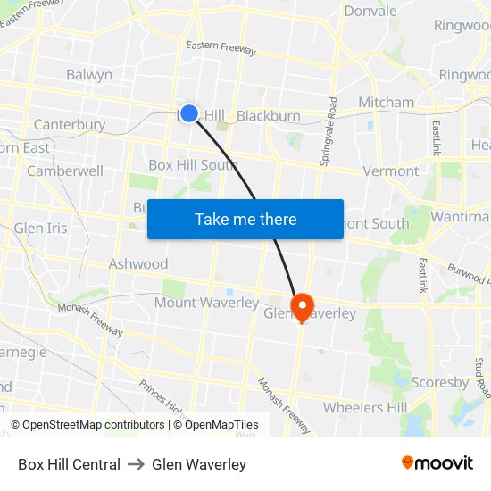 Box Hill Central to Glen Waverley map