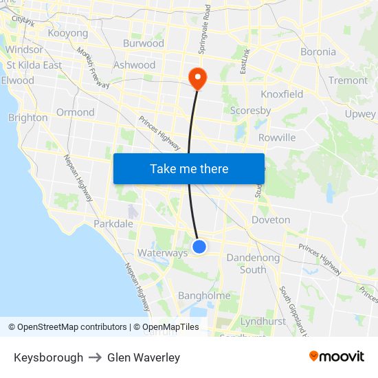 Keysborough to Glen Waverley map