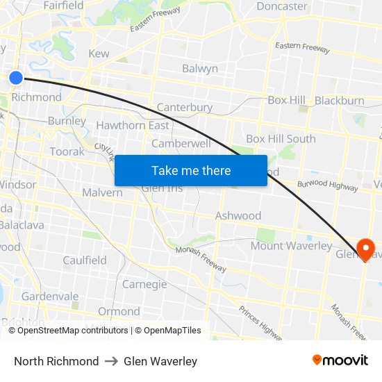 North Richmond to Glen Waverley map