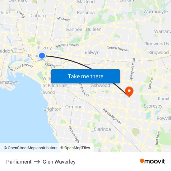 Parliament to Glen Waverley map