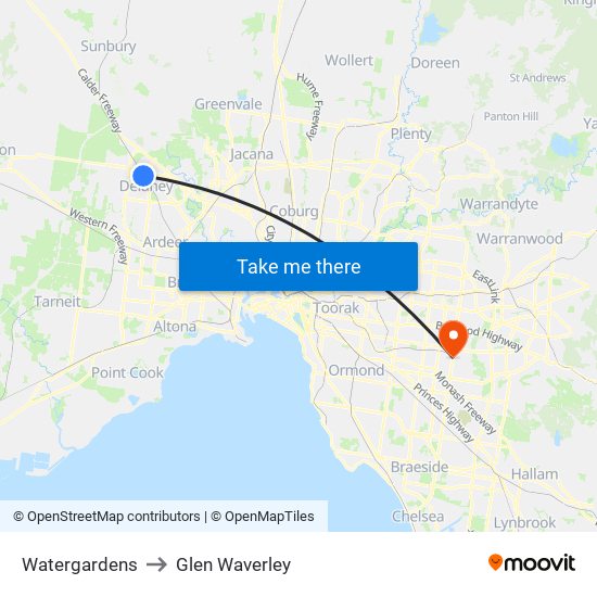 Watergardens to Glen Waverley map