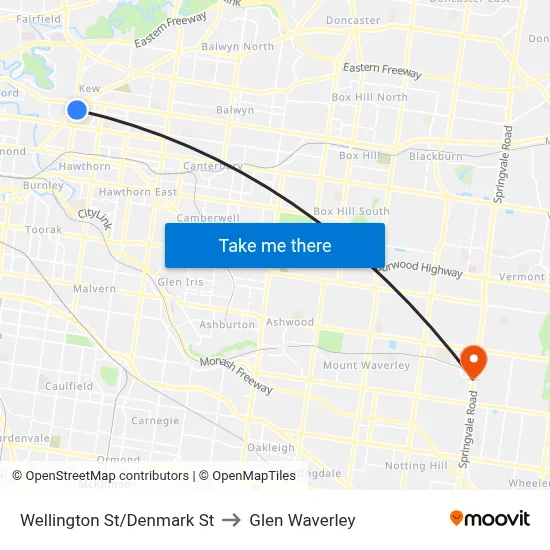 Wellington St/Denmark St to Glen Waverley map