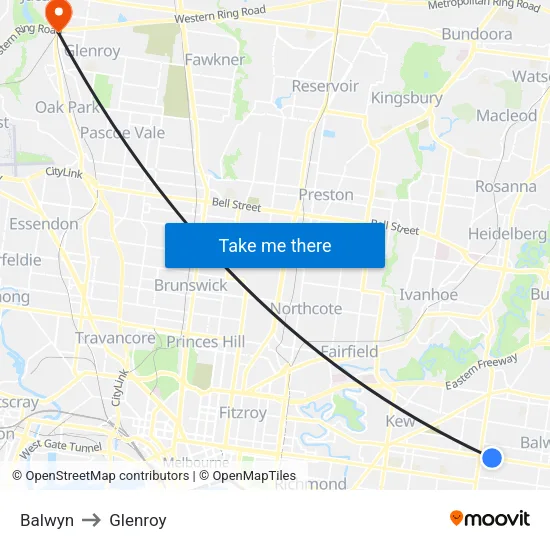 Balwyn to Glenroy map