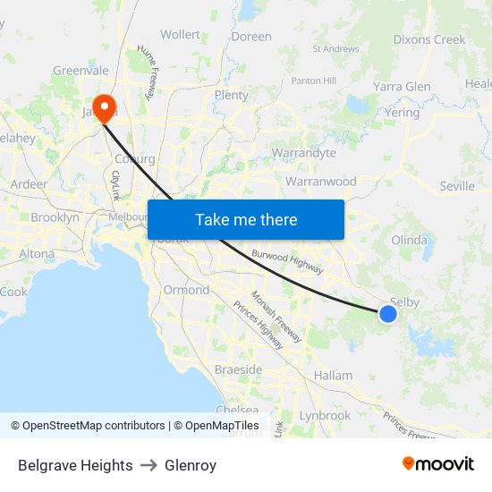 Belgrave Heights to Glenroy map