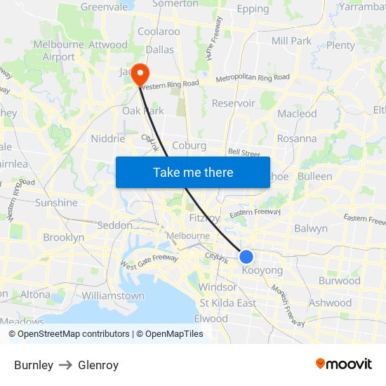 Burnley to Glenroy map