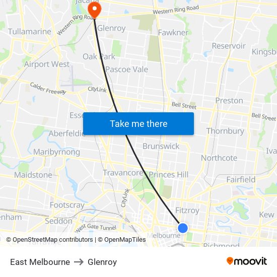 East Melbourne to Glenroy map