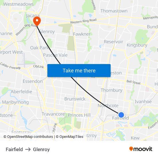 Fairfield to Glenroy map