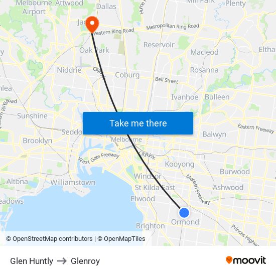 Glen Huntly to Glenroy map