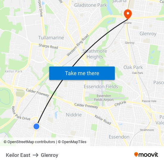 Keilor East to Glenroy map