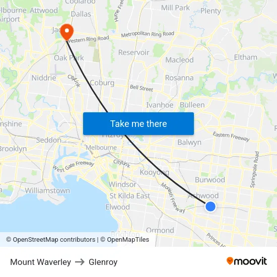 Mount Waverley to Glenroy map