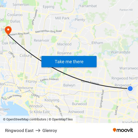 Ringwood East to Glenroy map