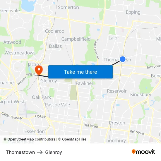Thomastown to Glenroy map