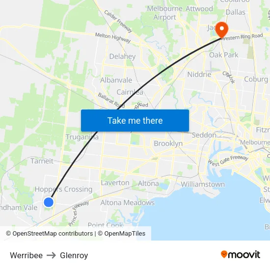 Werribee to Glenroy map
