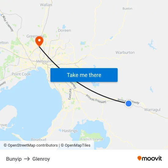 Bunyip to Glenroy map