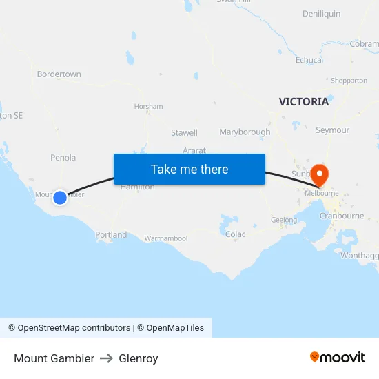Mount Gambier to Glenroy map