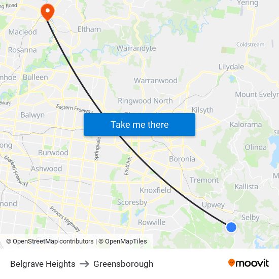 Belgrave Heights to Greensborough map