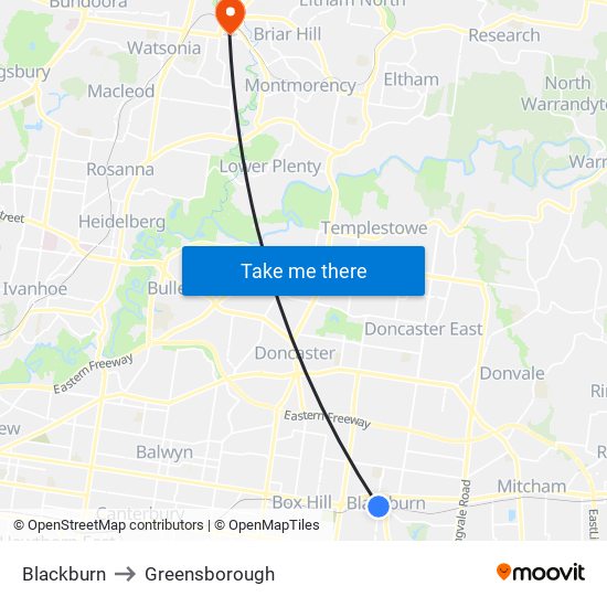 Blackburn to Greensborough map