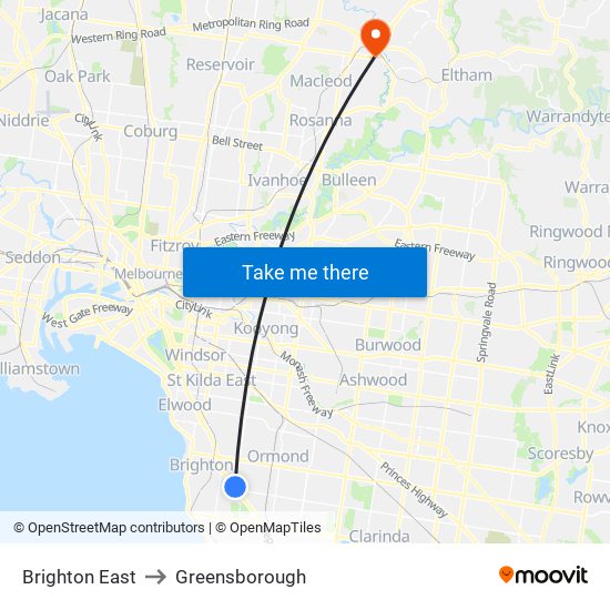 Brighton East to Greensborough map