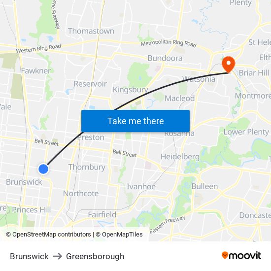 Brunswick to Greensborough map