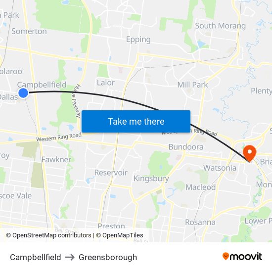 Campbellfield to Greensborough map