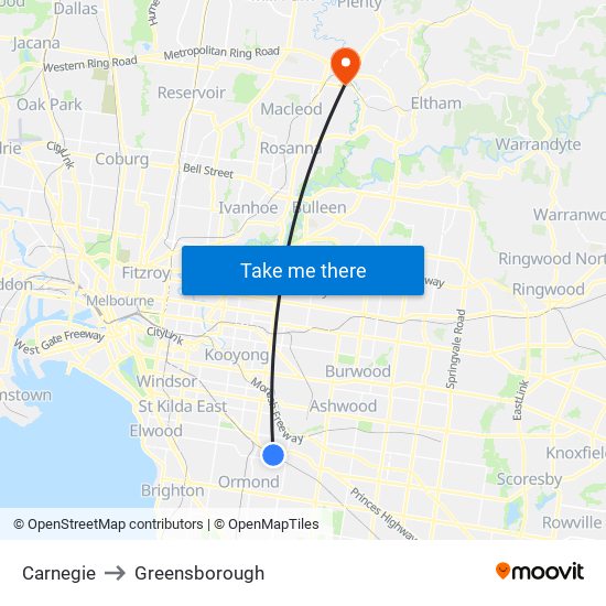 Carnegie to Greensborough map