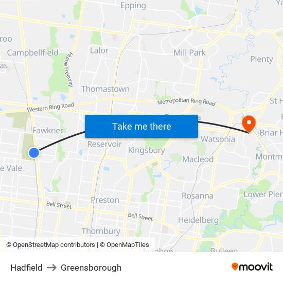 Hadfield to Greensborough map