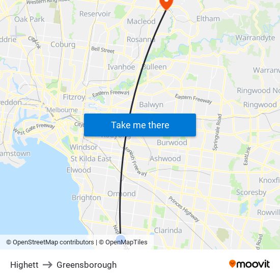 Highett to Greensborough map