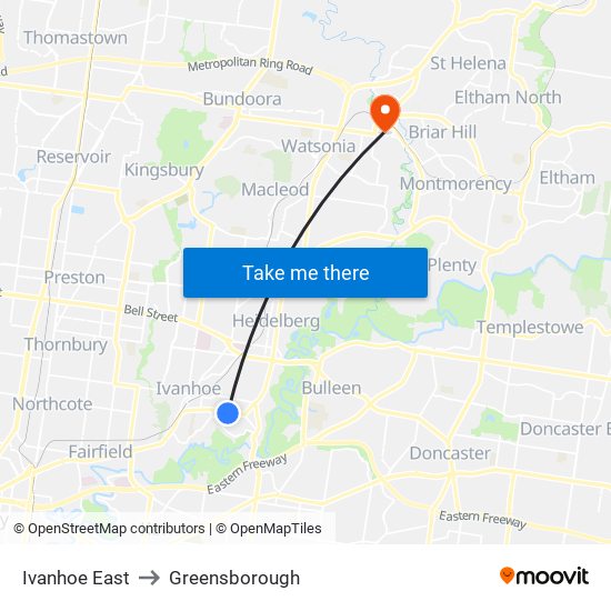 Ivanhoe East to Greensborough map