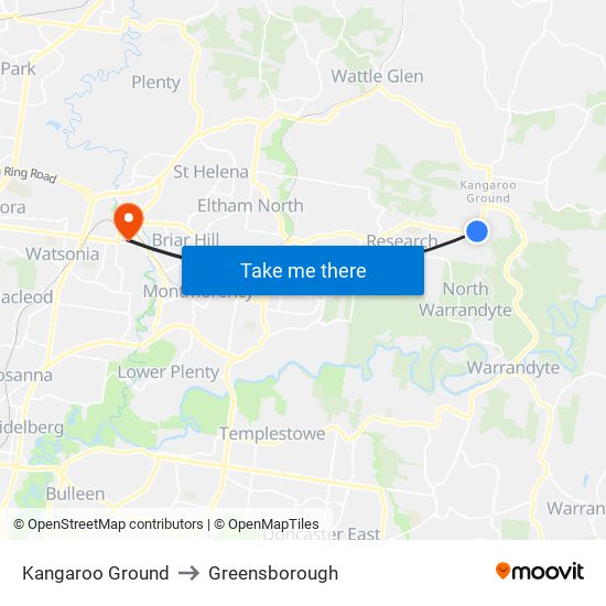 Kangaroo Ground to Greensborough map