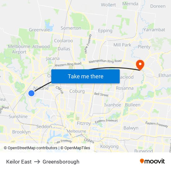 Keilor East to Greensborough map