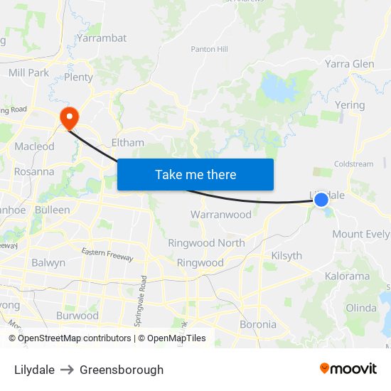 Lilydale to Greensborough map