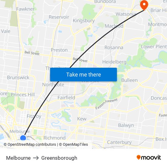 Melbourne to Greensborough map