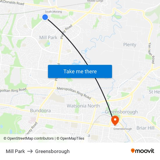 Mill Park to Greensborough map