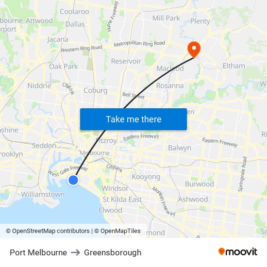 Port Melbourne to Greensborough map
