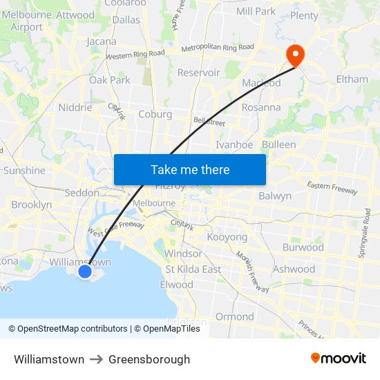 Williamstown to Greensborough map