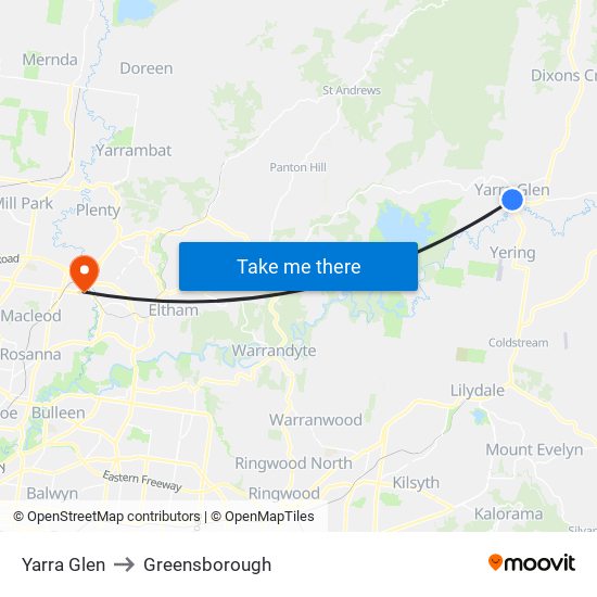 Yarra Glen to Greensborough map