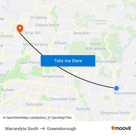 Warrandyte South to Greensborough map