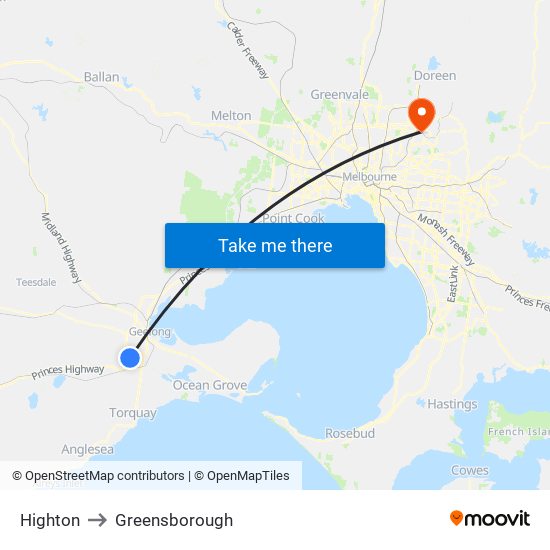 Highton to Greensborough map