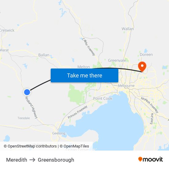 Meredith to Greensborough map