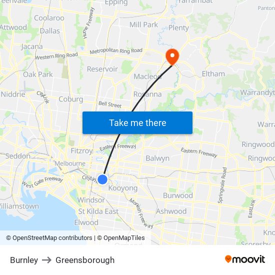 Burnley to Greensborough map