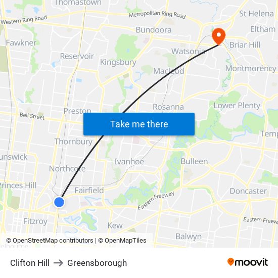Clifton Hill to Greensborough map